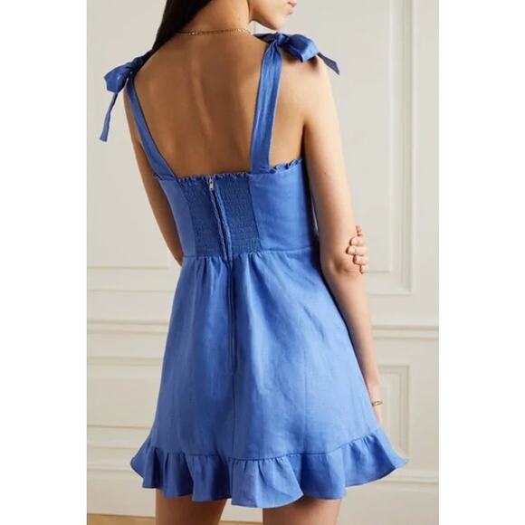 REFORMATION Desiree Linen Mini Dress Ruffle Sweetheart Bustier Tie Strap Blue - Picture 3 of 15